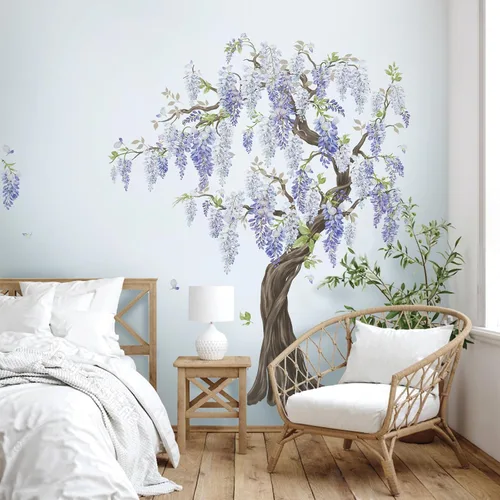 Vista 2 de wondever Pegatinas de pared de árbol de flores moradas, diseño de glicina para colgar en árbol grande, calcomanías de arte de pared para dormitorio