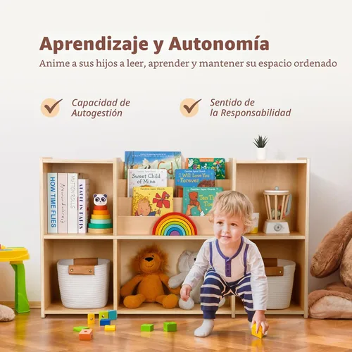 Vista 4 de OOOK Estantería Montessori y Organizador de Almacenamiento para Juguetes, Estantería Horizontal de 2 Niveles, Gabinete de Almacenamiento