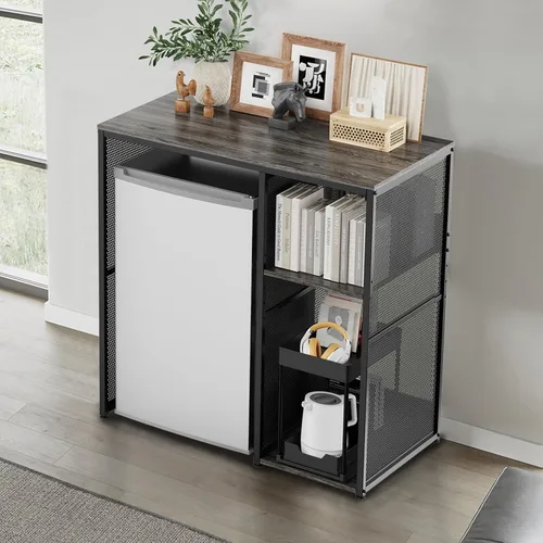 Vista 3 de KirKical - Gabinete de 3 niveles para barra de café con espacio para mini refrigerador, soporte de microondas resistente en color gris rústico