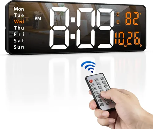 Vista 9 de Zgrmbo Reloj de pared digital de 16 pulgadas con control remoto, reloj digital de pantalla grande con fecha, temperatura interior, semana, 12/24