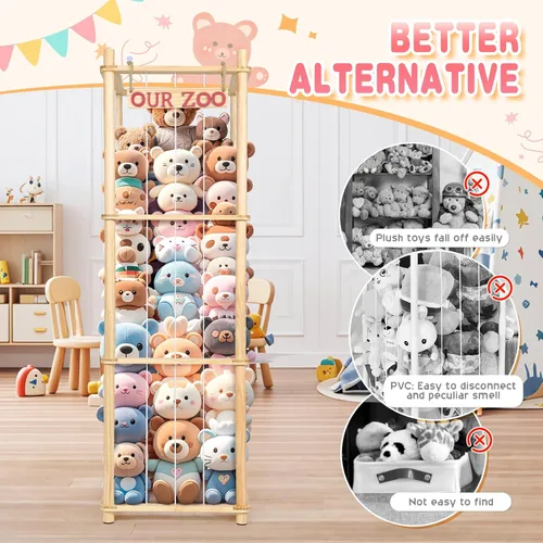 Vista 4 de Almacenamiento de Animales de Peluche - Organizador Alto de Juguetes de Madera de Pino Natural con Cuerdas Elásticas y Estante, Casa
