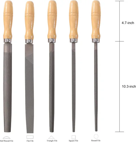 Vista 4 de Juego de limas de acero al carbono con asas de madera para madera, metal, plástico, 5 piezas (lima de acero, grande)
