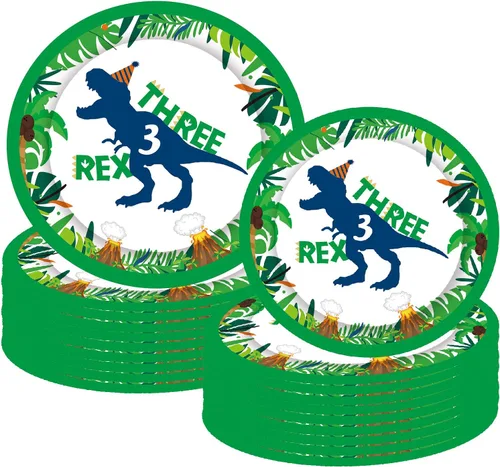 Vista 8 de Decoraciones de fiesta de cumpleaños de tres dinosaurios Rex, suministros de fiesta de cumpleaños de dinosaurios, arco de globos de dinosaurio