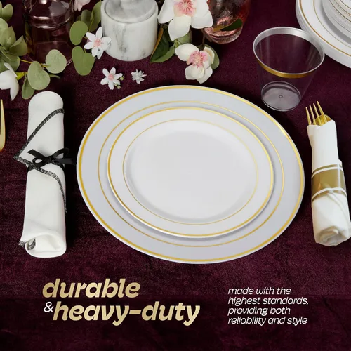 Vista 5 de R-kay Juego de vajilla de plástico dorado de 350 piezas para 50 invitados, platos de plástico dorado para fiestas, platos de fiesta y tazas