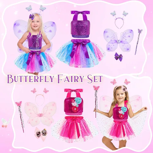 Vista 2 de Panitay Juego de disfraz de princesa de 33 piezas para niñas de 3 a 6 años, unicornio, hada, princesa sirena con accesorios, ropa de juego