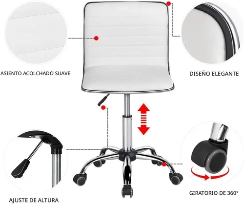 Vista 4 de Yaheetech White Armless Vanity Desk Chair with Wheels, Ribbed PU Leather Blanco