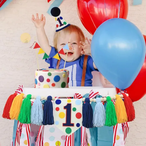 Vista 4 de Cartel para decoración de primer cumpleaños con texto en inglés Verde Azul Amarillo