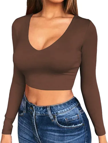 Vista 16 de Artfish Women's Long Sleeve Scoop V Neck Crop Top 04# Cuello en V Negro