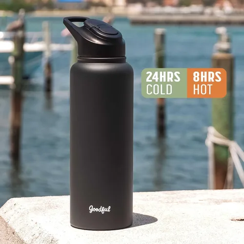 Vista 6 de Goodful Botella de agua de doble pared sellada al vacío, aislada con dos tapas intercambiables, tapas para beber o tragar, a prueba de fugas, boca
