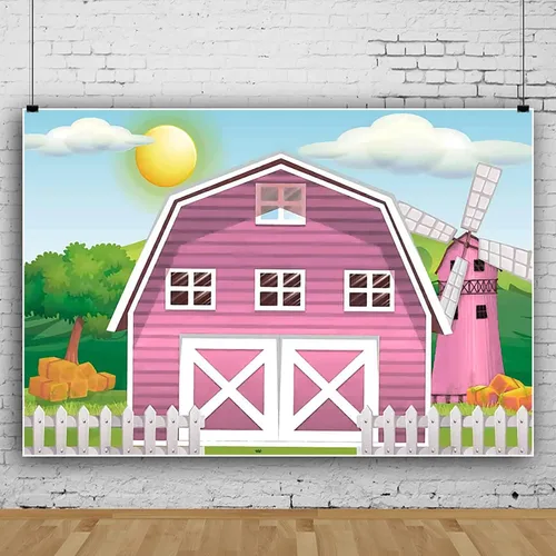 Vista 4 de Fondo rosa de granero de granja de 5 x 3 pies, dibujos animados, animales de granja, fiesta, fotografía, fondo rosa, granero, hierba verde, fondo