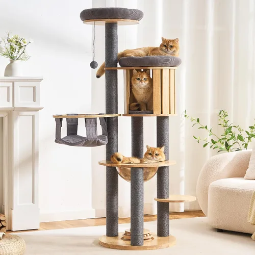 Vista 16 de HITTITE Moderna torre de árbol para gatos con poste rascador, torres para gatos de 46 pulgadas de alto con nidos y cueva tejidos, árbol para gatos
