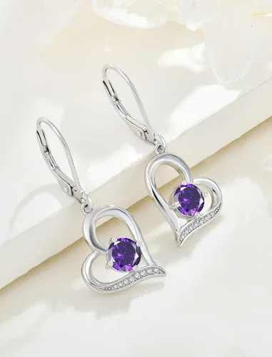 Vista 5 de Pendientes de corazón para mujer, plata de ley 925, aretes colgantes con forma de corazón y piedra natal redonda