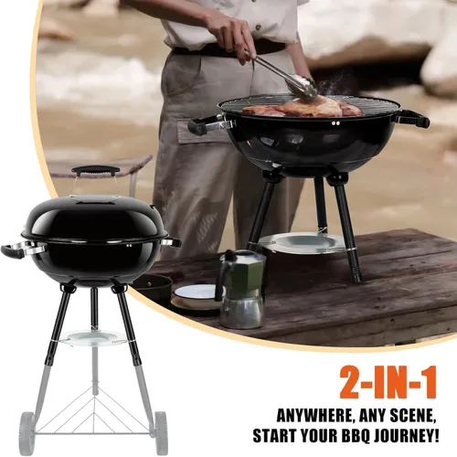 Vista 7 de Leonyo - Parrilla de carbón portátil de 18 pulgadas, ahumador redondo con ruedas y tapa esmaltada de porcelana para cocinar al aire libre