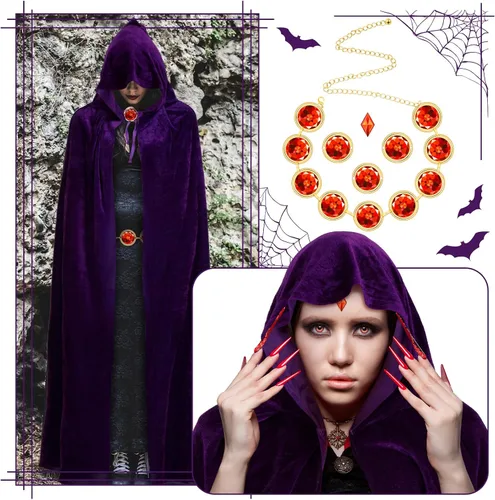 Vista 5 de 6 Pcs Halloween Purple Cape Adjustable Stone Chain with Red Gems Diamond Wig Nets and Pantyhose Set for Halloween Cosplay