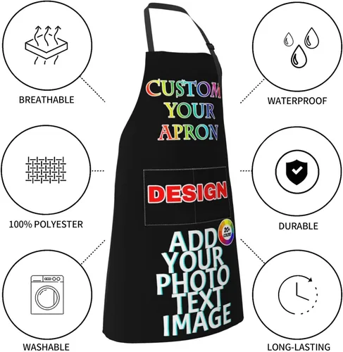 Vista 5 de Delantal de chef personalizado para mujeres y hombres con bolsillos, con nombre, texto, logotipo, foto, imagen, delantal de cocina