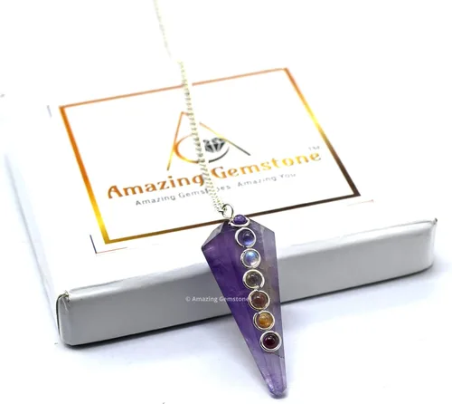 Vista 6 de Péndulo de cristal de amatista Amazing Gemstone para adivinación - Collar de péndulo con cabujón de chakra y cadena