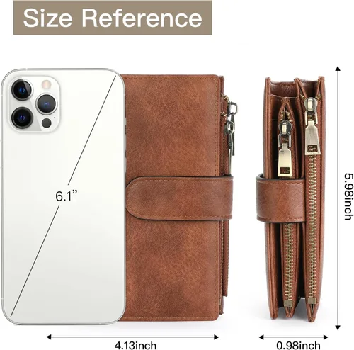 Vista 6 de GOIACII - Carteras para mujer con bloqueo RFID para tarjetas de crédito y 2 bolsillos con cremallera, cartera de cuero con 3 ventanas