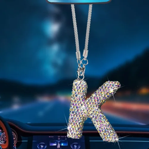 Vista 13 de Colgante de cristal brillante en forma de C, accesorios de automóvil para mujer, accesorios de espejo retrovisor con diamantes de imitación