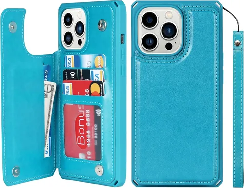 Vista 12 de iCoverCase Funda de billetera compatible con iPhone 13 Pro Max con tarjetero para mujer, cuero PU en relieve con bloqueo RFID y correa de muñeca