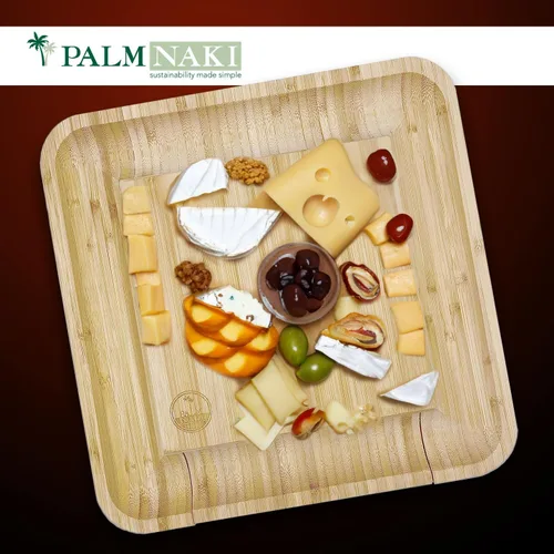 Vista 7 de Juego de tabla de queso de bambú y 4 cuchillos, tabla de charcutería con cuchillos, plato grande de charcutería de 13 pulgadas y bandeja
