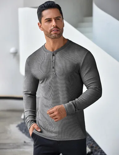 Vista 74 de COOFANDY Camisas Henley de manga larga para hombre, camisetas elásticas acanaladas, camisetas básicas casuales de moda