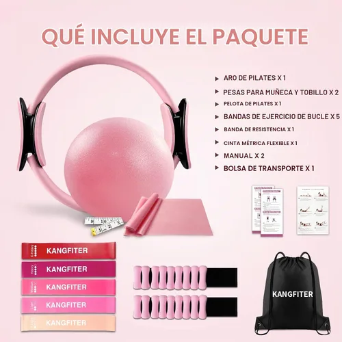 Vista 9 de KANGFITER Pilates Kit with Ankle Weight, Pilates Ring Ball, Resistance Band 11 piezas rosa