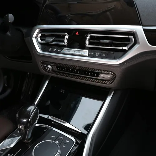 Vista 3 de Marco de ajuste de volumen de consola central de automóvil de material ABS para BMW Serie 3 G20 G28 2019 2020 (estilo de fibra de carbono)