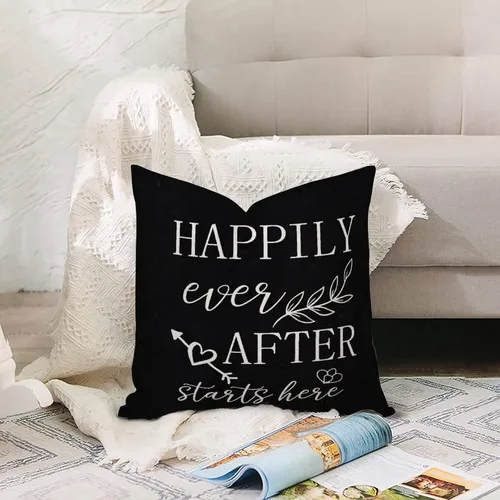 Vista 3 de Happily Ever After Starts Here Throw Pillow Covers 18 x 18 Funny Quotes Cotton Linen Farmhouse Pillow Covers Decorative Home Decor Accent Pillows