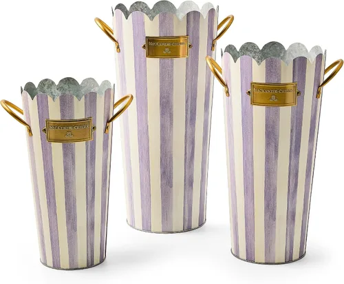 Vista 7 de MACKENZIE-CHILDS Juego de cubos de flores galvanizados, cubos de jardín con asas, jarrones al aire libre para decoración de patio, juego de 3, rayas