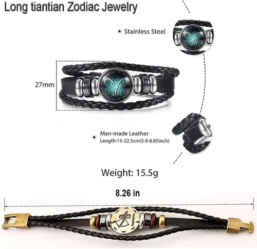 Vista 6 de 2 pulseras retro del zodiaco para hombres, 12 constelaciones, hechas a mano, pulseras de cuero trenzadas punk, cuero, vidrio, aleación, otro