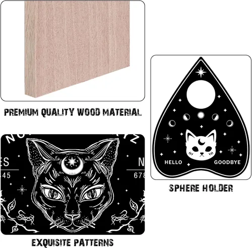 Vista 3 de CREATCABIN Tablero de madera de gato negro con tablero de péndulo de madera con plancha para radiestesia, kit de adivinación para caza de espíritus