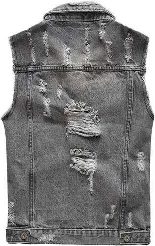 Vista 2 de Chaleco de mezclilla rasgado, sin mangas, para hombre, casual, ajustado, con botones