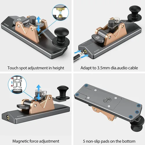 Vista 5 de Mini CW Key Morse Radio HAM Big Double Paddle Código Morse Llave Cuerpo de aleación de aluminio con base de altavoz Gris