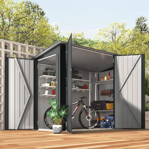 Vista 37 de AECOJOY Cobertizo de almacenamiento de metal para exteriores de 3 x 5 pies, cobertizo de herramientas de jardín resistente con puerta de gran