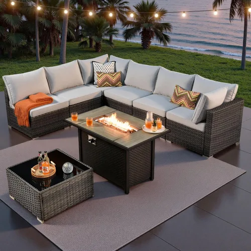Vista 28 de ovios Juego de muebles de patio al aire libre de 5 piezas con mesa de café, conjunto seccional de muebles de patio con sofá de mimbre para todo tipo