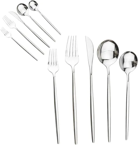 Vista 15 de Juego de cubiertos de 10 piezas – Utensilios de acero inoxidable 304 negro, tenedores, cucharas, cuchillos – Cubertería pulido espejo para 2