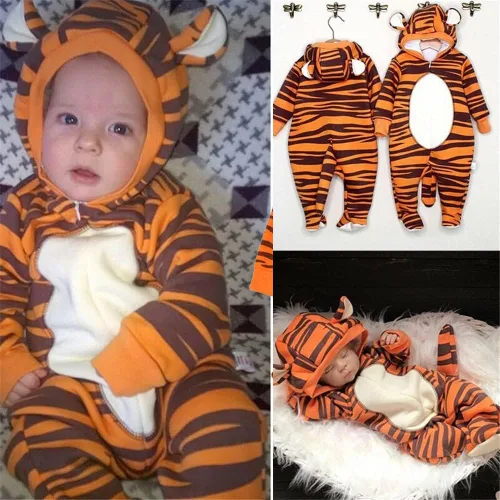 Vista 3 de LXXIASHI Mono unisex de manga larga con capucha para bebés y niñas con diseño de tigre 3D