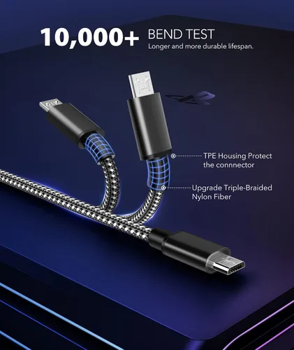 Vista 5 de Cable de carga para controlador PS4, 10 pies, paquete de 2 cables de nailon trenzado extra largo micro USB 2.0 de sincronización de datos de alta