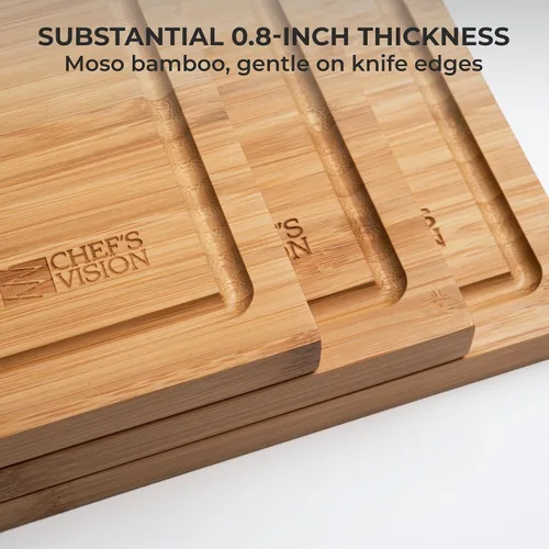 Vista 3 de Chef's Vision Juego de tablas de cortar de bambú (3 piezas) - Tablas de madera para cortar de cocina con ranura para jugo y asas, tamaños grandes