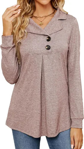 Vista 7 de Newchoice Blusa de manga larga para mujer, para leggings, casual, cuello de muesca, con botones, sudadera sin botones