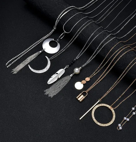 Vista 5 de Ofeiyaa 10 piezas de collar largo con colgante simple de luna, tres triángulos, borla con cierre en forma de Y, gargantilla de cadena punk