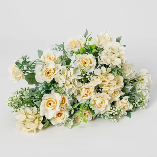 Vista 3 de Ramo de flores artificiales de seda artificial, 5 ramas, rosas pequeñas para bodas, hogar, oficina, mesas, decoración, 4 paquetes (champán)