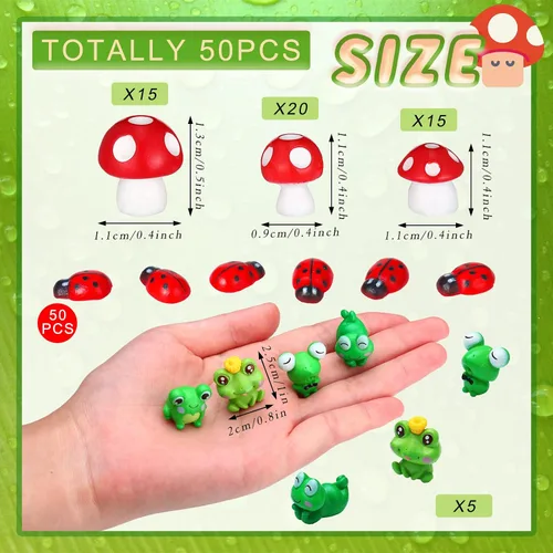 Vista 2 de 130 piezas de mini hongos, rana, pequeña mariquita, mini hongos rojos, decoración de tartas, figuras en miniatura, setas de jardín, setas de rana