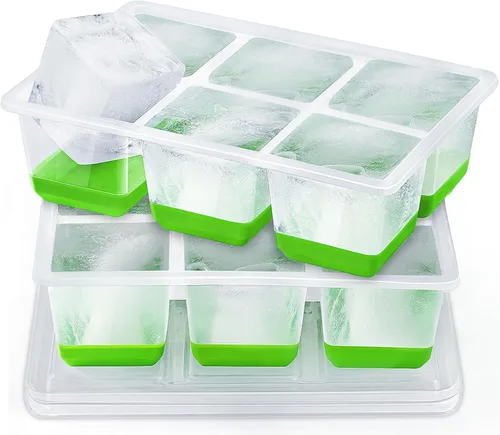 Vista 10 de Bandejas para cubitos de hielo, 2 unidades, moldes grandes de silicona para cubitos de hielo con tapa a prueba de fugas, marco de TPE transparente