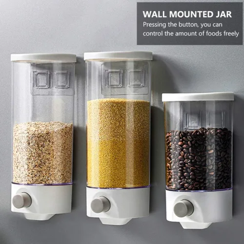 Vista 6 de Kichvoe Tarro de almacenamiento montado en la pared 1.5L dispensador de grano transparente a prueba de humedad organizador de alimentos ahorro