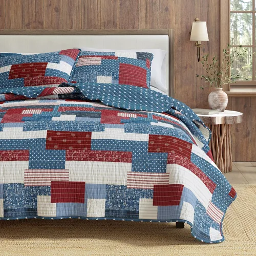 Vista 6 de Great Bay Home Juego de edredón de microfibra de 2 piezas Twin/Twin XL con fundas de almohada, diseño reversible de patchwork americano, juego