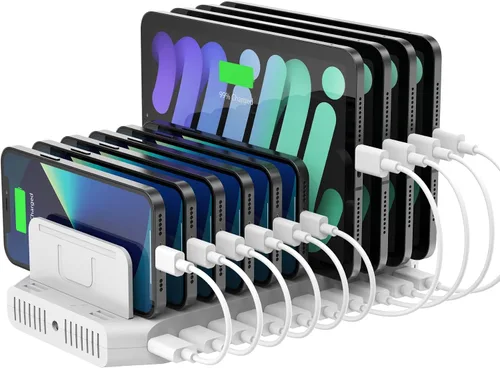 Vista 11 de Unitek Estación de carga múltiple, cargador USB de 10 puertos para múltiples dispositivos con tecnología SmartIC y divisores ajustables, soporte