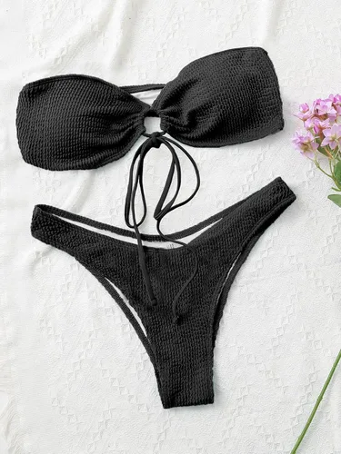 Vista 4 de Meetall Conjunto de bikini bandeau de corte alto para mujer, trajes de baño de 2 piezas
