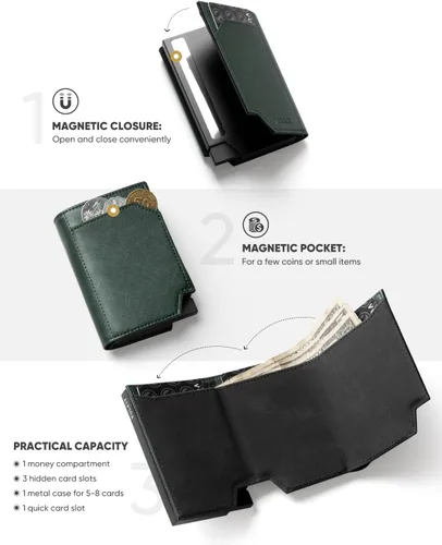 Vista 3 de VULKIT Billetera desplegable de metal para hombre, bloqueo RFID inteligente, tarjetero de crédito, cierre magnético, billetera triple de cuero