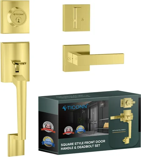 Vista 20 de TICONN Juego de manijas para puerta delantera doble, palanca de puerta cuadrada de servicio pesado y combo de cerrojo de cilindro único para puertas
